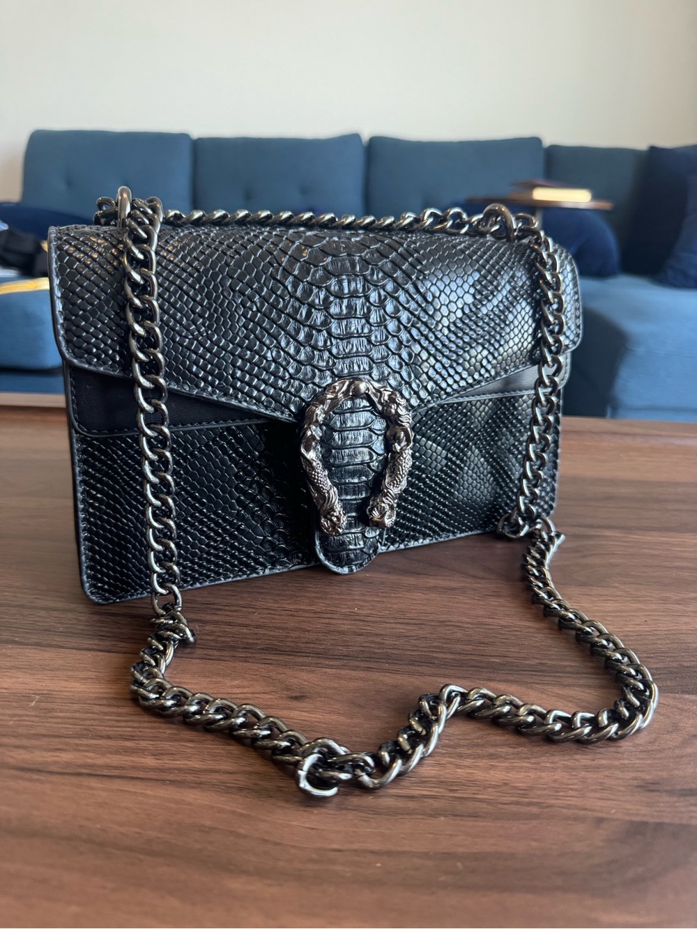 Black Snake-Embossed Chain Crossbody Bag